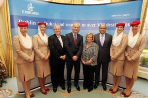 Emirates cabin crew line-up with Richard Vaughan, DSVP Cargo Operations Worldwide; Thierry Antinori, EVP Passenger Sales Worldwide; Margaret Shannon, Country Manager, Ireland; and Salem Obaidalla, SVP Commercial Operations Europe & Russian Federation.