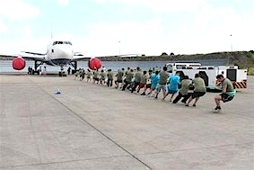 20 July – Staff on the pull! As part of the Orbis charity ‘Pull for Sight’, a team from the airport took part and pulled the 90-tonne B767 along 12 feet of taxiway in 10.5 seconds