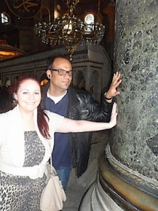 In Hagia Sofia, Gillian O’Flaherty, Blackpool Travel, and Peter Friedrich, Travel Cube, touch one of the eight green marble columns brought from one of the ancient Seven Wonders of the Ancient World, the Temple of Artemis at Ephesus