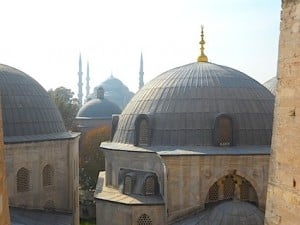 Domed rooftops of Hagia Sofia and, in the background, the Blue Mosque