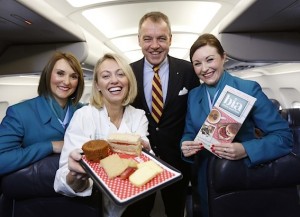 Chef Clodagh McKenna with Aer Lingus Chief Executive Christoph Mueller and cabin crew members Claire Sutton and Leanne Donnelly launched Bia, the new onboard menu on short-haul flights
