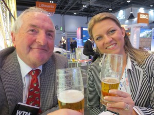 Michael Flood -ITTN.tries some good Czech beer with Katrina Hobbs-Director,Czech Tourist Board at WTM.