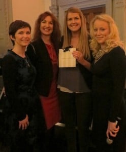 Jane Masterson,Emirates, Valerie Murphy and Ingrid AAgesen presenting the BT voucher to Sarah Bella,CWT.