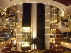Glass lifts and ‘bling’ staircases in the reception area