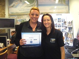 Tour America’s Amy Henderson (left) is presented with her Cruising for Excellence ‘Admiral Status’ certificate by Jenny Rafter, Royal Caribbean International’s Major Account Manager