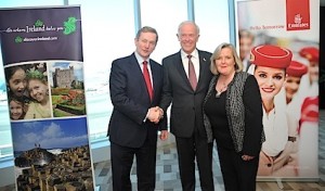 An Taoiseach, Enda Kenny TD, and President of Emirates, Tim Clark, with Margaret Shannon, Country Head of Emirates in Ireland, at Emirates Group HQ in Dubai