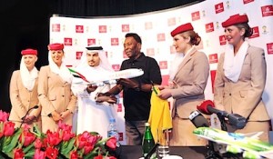 Brazilian football legend Pelé and HH Sheikh Majid Al Mualla, Divisional Senior Vice President, Commercial Operations, Emirates, after announcing Pelé as one of its Global Ambassadors at the media conference in Dubai