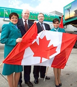Aer Lingus cabin crew members Catherine Connolly and Ana Corpas celebrate the launch of the new Dublin-Toronto service with Cormac O’Connell, DAA General Manager, Customer Relationship, and Stephen Kavanagh, Aer Lingus Chief Strategy and Planning Officer