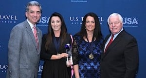 At the awards ceremony were Chris Thompson, Brand USA; Veronica Flood and Linda Ryan, Tour America; and Roger Dow, US Travel Association