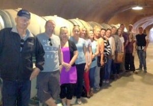 The group visiting the Benziger Vineyard wine vaults.