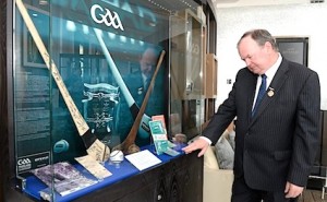 Liam Ó Néill, Uachtarán Chumann Lúthchleas Gael, launches the GAA Museum memorabilia box in the Etihad Airways First and Business Class Lounge in Terminal 2, Dublin Airport