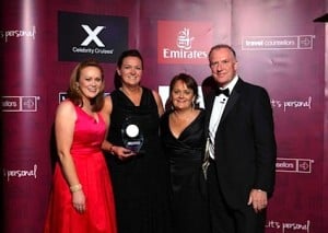 Sarah McCarthy scoops ‘Best Travel Counsellor’ award: Bernie Whelan, Business Development Executive; Sarah McCarthy; Cathy Burke, General Manager; and Malcolm Hingley, Sales Director