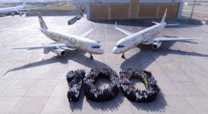Etihad staff welcome the 100th and 101st aircraft to the fleet.