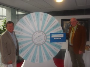 Louis Gosellin, WestJet, and Cormac O’Connell, Dublin Airport Authority, spin the DAA wheel