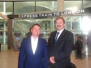 Declan Kearney, Director of Communications, and John Keogh, European Sales Manager, Aer Lingus, offer (Dublin) T2 to (Heathrow) T2 and a fast train to London