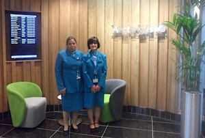 Seema Farid and Ann Shahien welcome passengers to the Aer Lingus Gold Circle lounge