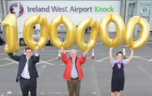Pictured celebrating the 100,000th passenger through Ireland West Airport Knock in the month of August, a record for the airport, was left to right, Joe Gilmore, Managing Director, Ireland West Airport Knock, Philip McGlynn, Bundoran, Co. Donegal (100,000th passenger) and Sarah Rowley, Head of Airline and Customer Airline Services, Ireland West Airport Knock