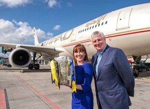 Beatrice Cosgrove, General Manager Ireland, Etihad Airways, and Michael Lyster, Presenter of RTÉ’s The Sunday Game Live