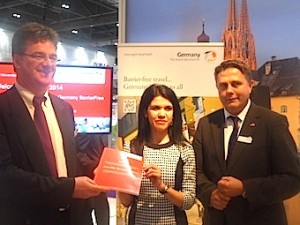 Ginka Kostova (centre) presents her report on the German National Tourist Office’s Barrier-Free campaign to Olaf Schlieper, Innovations Manager, and Klaus Lohmann, Director – UK & Ireland