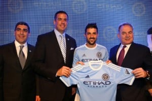 Claudio Reyna, NYCFC Sporting Director; Tim Pernetti, NYCFC Chief Business Officer; David Villa; and James Hogan, President and Chief Executive Officer of Etihad Airways.