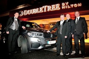 Winners of the Hertz competition for a chauffeur-driven transfer to the Irish Travel Trade Awards, Raymond Lee and Stephen Sands of Riviera Travel, arrive in style at the DoubleTree by Hilton Dublin and are met by Paul Manning (left) and Terry McKernan, Hertz