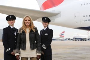 Carol Vorderman (centre) joins British Airways First Officer Emily Lester (left) and Senior First Officer Cat Woodruffe to encourage more women to consider a career in flying, pictured at London Heathrow on 25 November 2014(Picture by: Nick Morrish/British Airways)
