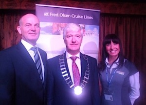 Onboard the cruise ship Boudicca during her visit to Dublin Port were Alan Lynch, Managing Director, Cruisescapes; Martin Skelly, President, Irish Travel Agents Association; and Kate Wooldridge, International Sales Manager, Fred Olsen Cruise Lines
