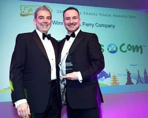 Dermot Merrigan, Irish Ferries (right) receives the 2014 Irish Travel Trade Award for ‘Best Ferry Company‘ from Gonzalo Ceballos, Spanish Tourism Office