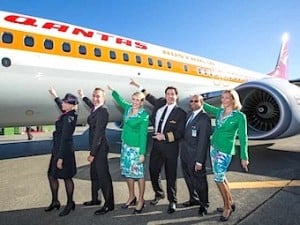 John Travolta leads the unveiling of the Qantas retro 1970s livery in Seattle in November 2014