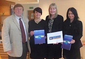 Rachel McAnaspie (second left), and Karen Whyte (far right) American Holidays, receive their invites to Anthem of the Seas’ pre-inaugural sailing from Neil Steedman, Irish Travel Trade News, and Jennifer Callister, Royal Caribbean International