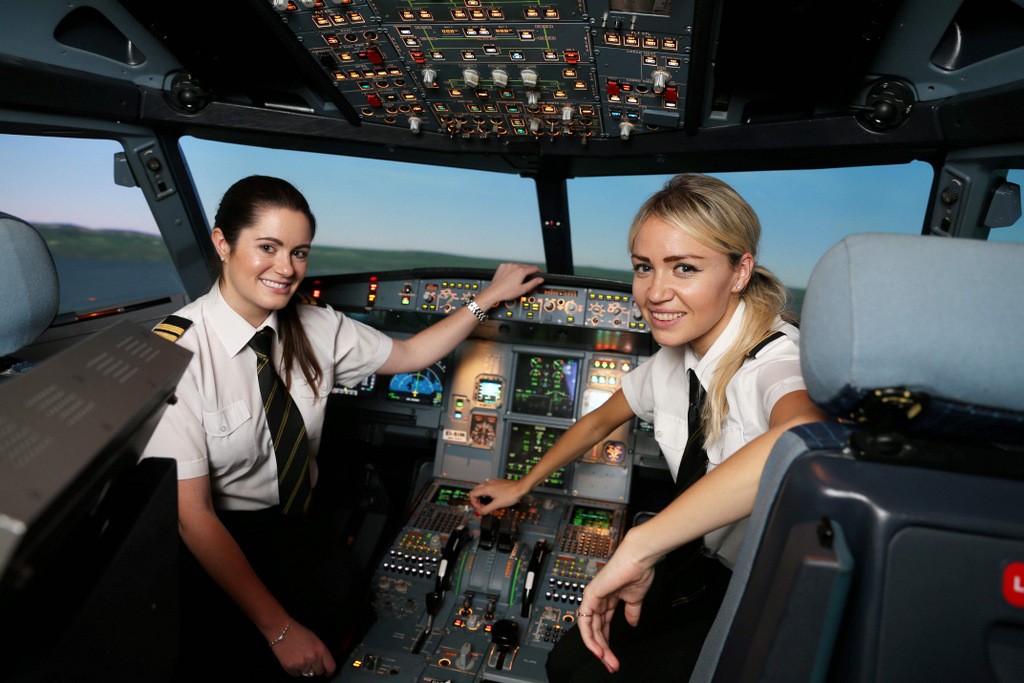 Pictured inside the Aer Lingus A320 training simulator are co-pilots Claire Cronin (left) and Lisa Cusack who have recently completed flight school in Jerez, Spain as part of the Cadet Pilot training programme. 