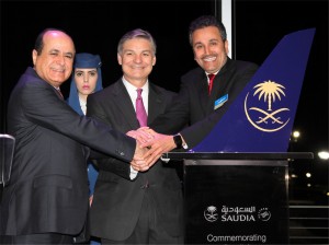 H.E. Sulaiman Al-Hamdan   President of the General Authority of Civil Aviation;  Ray Conner  Boeing Commercial Airplanes President and CEO;   Saleh bin Nasser al-Jasser Director-general of Saudia    Having signed the acceptance & delivery documentation -Pic-Michael Kelly