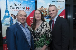 FREE PIC - NO REPRO FEE - Jan 23, 2016 - See full press  release from H+A Communications.Pictured at the travel agents and media briefing by Cork Airport announcing at least nine new routes out of Cork, at the Cork International Hotel, were, from left: Alan Shortt, MC; Joan Scales, Travel Editor, Irish Times and Kevin Cullinane, Head of Communications, Cork Airport.Pic: Brian Lougheed