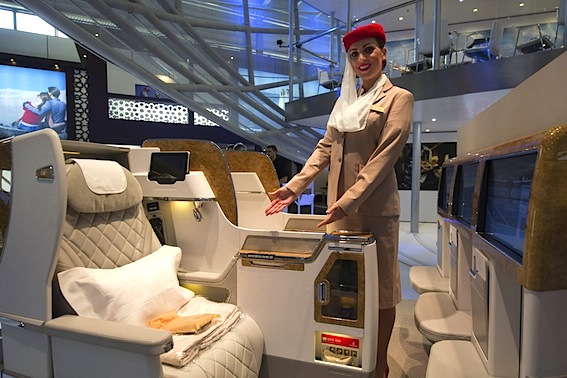 Emirates’ new B777-300ER Business Class seat with 72” pitch, fully-flat seat, 23” TV screen and mini bar