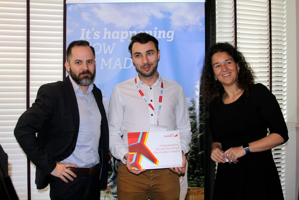 Martin Churchill -USIT was the lucky winner of two tickets with Iberia Express to Madrid,receives his prize from Javier Hernandez Racionero-Iberia and Ana Sostres-Madrid.