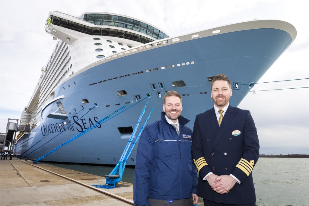 EDITORIAL USE ONLY Captain Henrik Loy (r) and Royal Caribbean's brand new ship, Ovation of the Seas, are welcomed into Southampton by Stuart Leven, Managing Director UK & Ireland of Royal Caribbean International. 