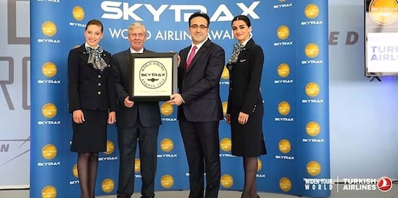 Turkish Airlines’ Chairman of the Board and Executive Committee, M. İlker Aycı, is presented with the ‘Best Airline in Europe’ award by Edward Plaisted, Chief Executive, Skytrax