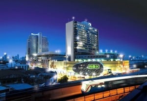 The hotel (left), MBK shopping centre and BTS Skytrain