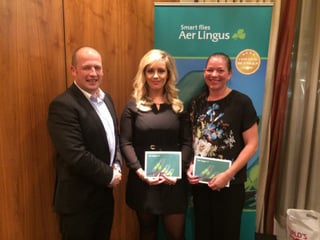 Ivan Beacam presents Aer Lingus vouchers to Marike Nolan,Douglas Travel and Rachel Crowley Dwan,Heffernan Travel.