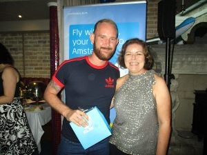 Paddy Dunne, American Holidays, receives his goody bag from Teresa Murphy, KLM