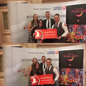 Holiday prize winner Meadhbh Byrne, Trailfinders, and fam trip prize winner Judy Coughlan, Travel Cheaper, receive their prizes in Cork from Emma Arnott, Tourism Thailand, and Alper Kanburoglu and Onur Gul, Turkish Airlines