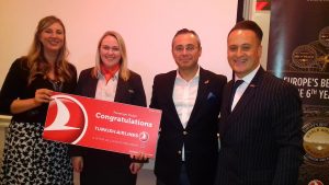 Mega fam prize winner Elaine Truesdab, Clubworld Travel, receives her prize in Belfast from Emma Arnott, Tourism Thailand, and Hasan Mutlu and Onur Gul, Turkish Airlines