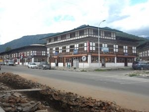 Paro’s main street is a good example of traditional Bhutanese architecture