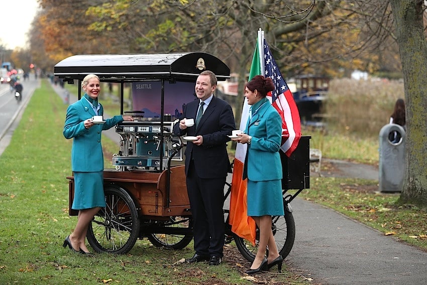 Sampling a taste of Seattle, famous for its rich coffee culture, is Aer Lingus Chief Executive Stephen Kavanagh with cabin crew and sisters Laura and Melissa Stapleton.