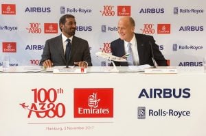 HH Sheikh Ahmed bin Saeed Al-Maktoum, Chairman and Chief Executive, Emirates, and Tom Enders, Chief Executive, Airbus, at the ceremony