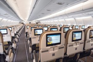 Economy Class seats in a 2x4x2 configuration have a 30-32" pitch and a 10.1" high-resolution screen
