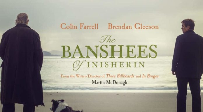Google Searches for ‘Irish Movies’ Surge 200% after Oscars A poster from Banshees of Inisherin with lead actors and a dog facing the sea