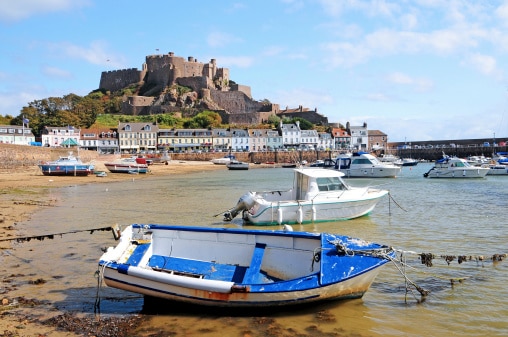 "Gorey Harbour and Mont Orgueil Castle in Jersey, Channel Islands"