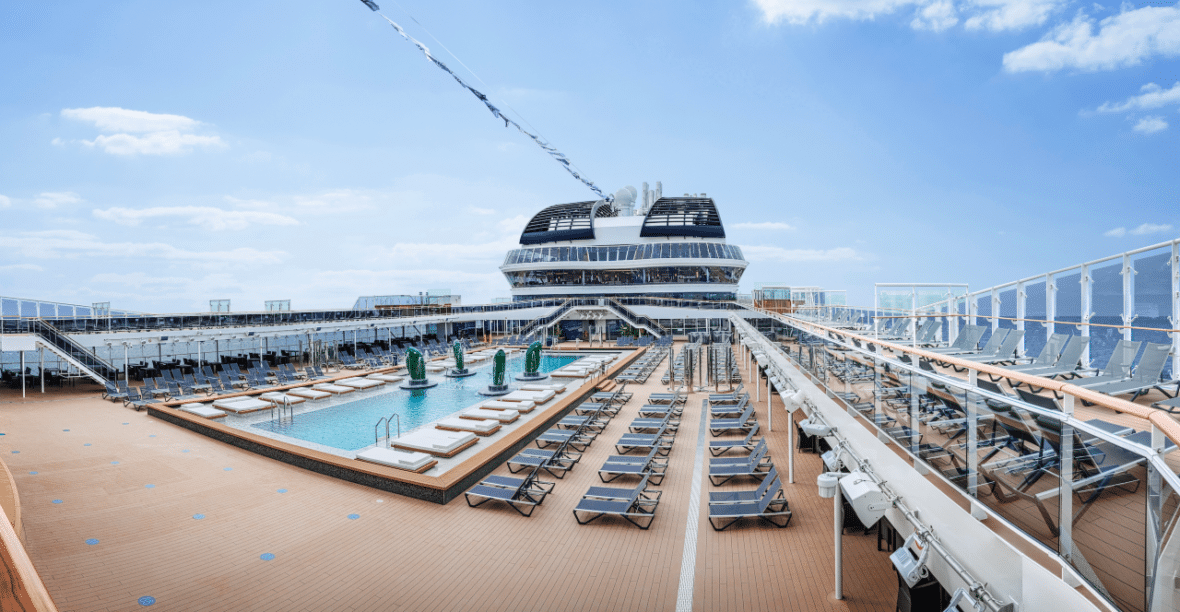 A aerial view of deck chairs laid out on a cruise ship