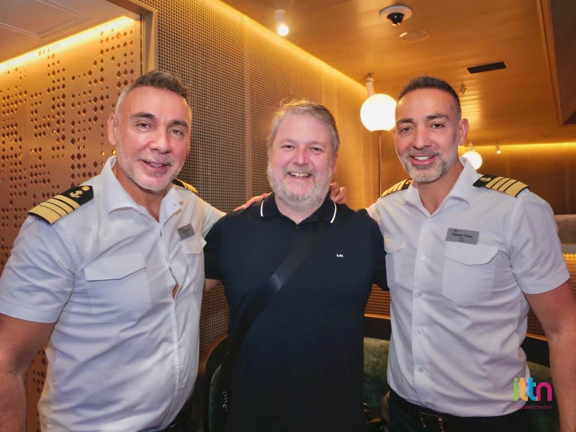 Captains Dimitrios and Tases Kafetzis with ITTN's Shane Cullen onboard Celebrity Ascent